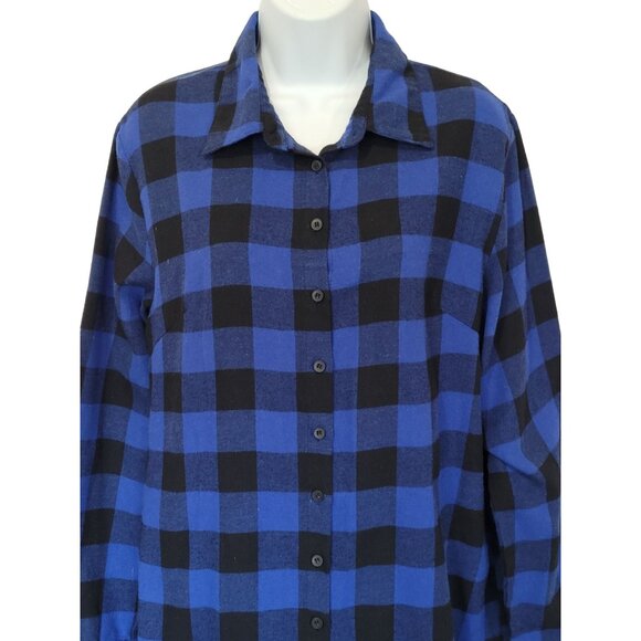 Zanzea Flannel Shirt Womens 12 Oversized Blue Black Buffalo Plaid Button-Up Long - Picture 2 of 5
